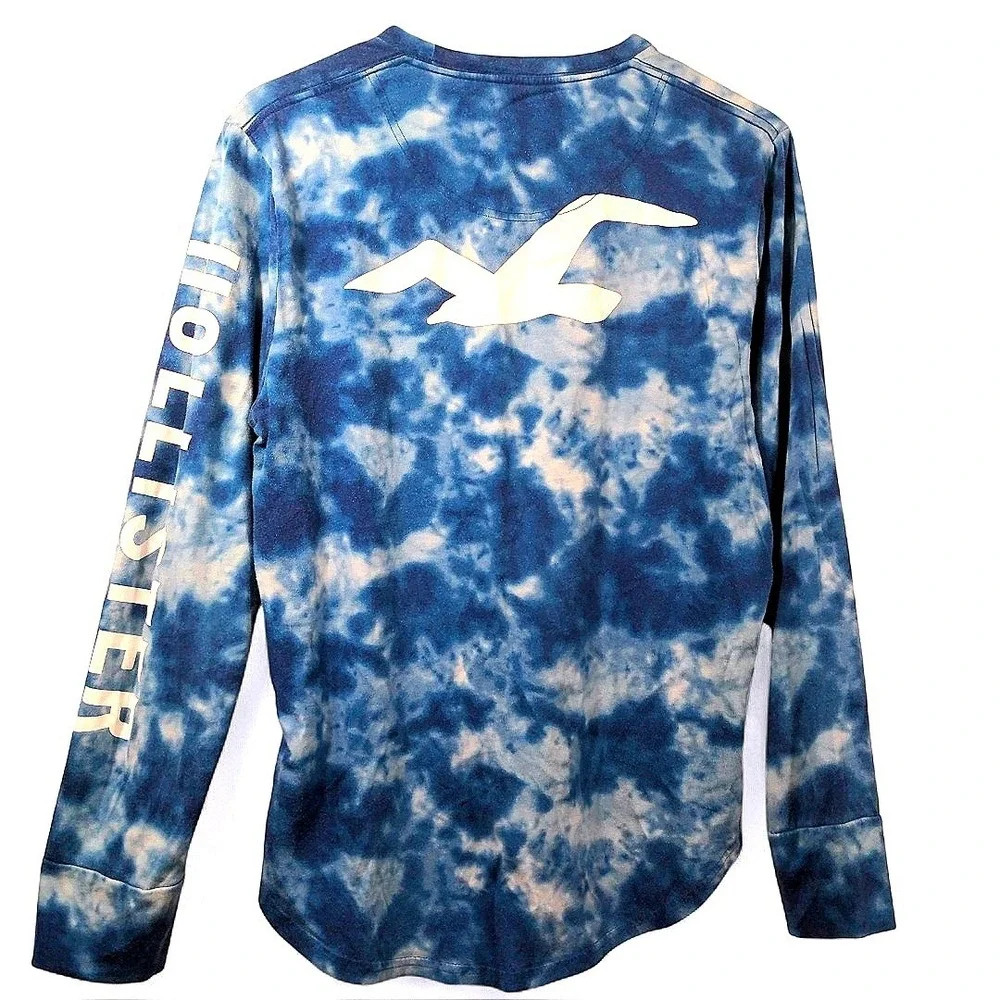 Hollister Mens S Long Sleeve Cotton Blue White Tie Dye Logo Graphic Streetwear - Picture 6 of 9